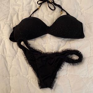 Beach bunny black bikin. Black sparkle with tulle on bottom